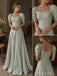 Sage Green Satin Square Neck Puff Cap Sleeve 3D Floral Embroidery Ruched A-Line Evening Dress,PD13837