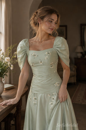 Sage Green Satin Square Neck Puff Cap Sleeve 3D Floral Embroidery Ruched A-Line Evening Dress,PD13837