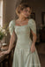 Sage Green Satin Square Neck Puff Cap Sleeve 3D Floral Embroidery Ruched A-Line Evening Dress,PD13837