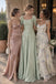 Sage Green Satin Square Neck Puff Cap Sleeve 3D Floral Embroidery Ruched A-Line Evening Dress,PD13837