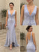 Dusty Blue Chiffon Deep V Sleeveless Lace Applique Tie Front Mermaid Evening Dress,PD13835