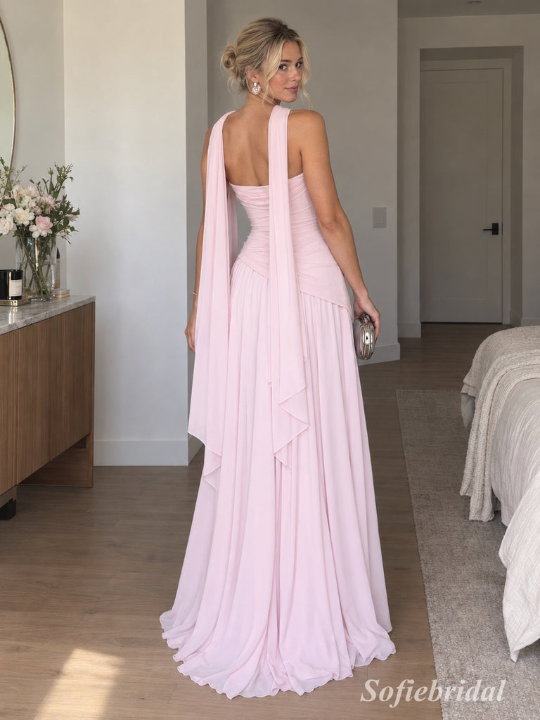 Light Pink Chiffon Strapless Draped Neck Scarf Cape Ruched A-Line Floor Length Evening Dress,,PD13842