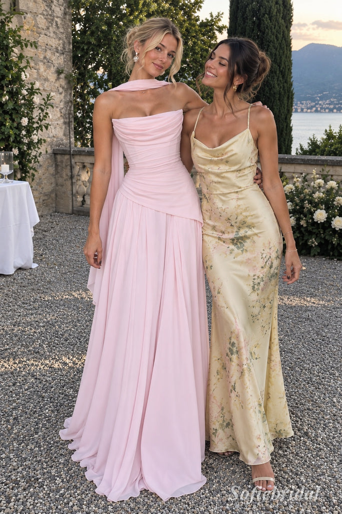 Light Pink Chiffon Strapless Draped Neck Scarf Cape Ruched A-Line Floor Length Evening Dress,,PD13842