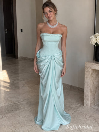 Mint Satin Strapless Ruffle Neck Structured Bodice Draped Mermaid Floor Length Evening Dress,PD13843