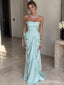 Mint Satin Strapless Ruffle Neck Structured Bodice Draped Mermaid Floor Length Evening Dress,PD13843