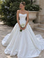 White Mikado Satin Strapless Cowl Neck Corset Bodice Ball Gown Floor Length Wedding Dress, SFWD0099
