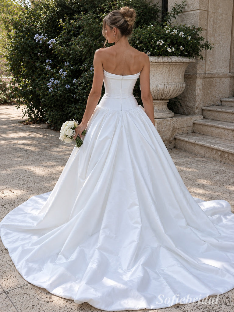 White Mikado Satin Strapless Cowl Neck Corset Bodice Ball Gown Floor Length Wedding Dress, SFWD0099