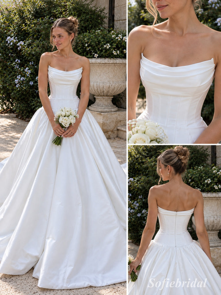 White Mikado Satin Strapless Cowl Neck Corset Bodice Ball Gown Floor Length Wedding Dress, SFWD0099