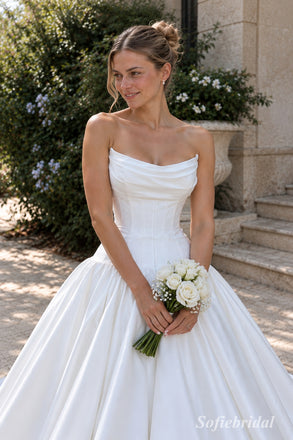 White Mikado Satin Strapless Cowl Neck Corset Bodice Ball Gown Floor Length Wedding Dress, SFWD0099