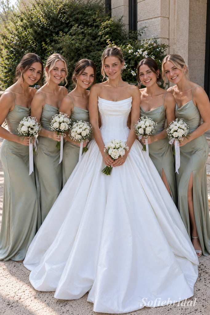 White Mikado Satin Strapless Cowl Neck Corset Bodice Ball Gown Floor Length Wedding Dress, SFWD0099