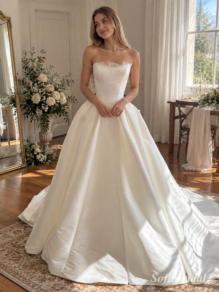 White Mikado Satin Strapless Sweetheart Lace Trim Ball Gown Floor Length Wedding Dress, SFWD0098