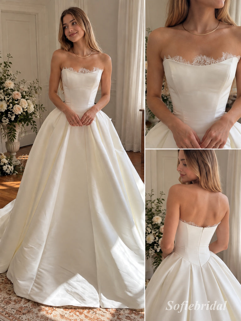 White Mikado Satin Strapless Sweetheart Lace Trim Ball Gown Floor Length Wedding Dress, SFWD0098