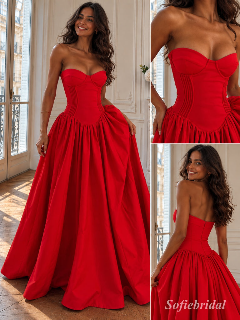 Red Satin Strapless Sweetheart Corset Structured Voluminous Ball Gown Evening Dress,PD13839