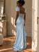 Light Blue Satin Deep V Puff Short Sleeve Sheer Lace Corset Mermaid Evening Dress,PD13840