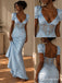 Light Blue Satin Deep V Puff Short Sleeve Sheer Lace Corset Mermaid Evening Dress,PD13840