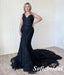 Sexy Black Tulle And Lace Spaghetti Straps V-Neck Mermaid Long Prom Dresses, PD0941