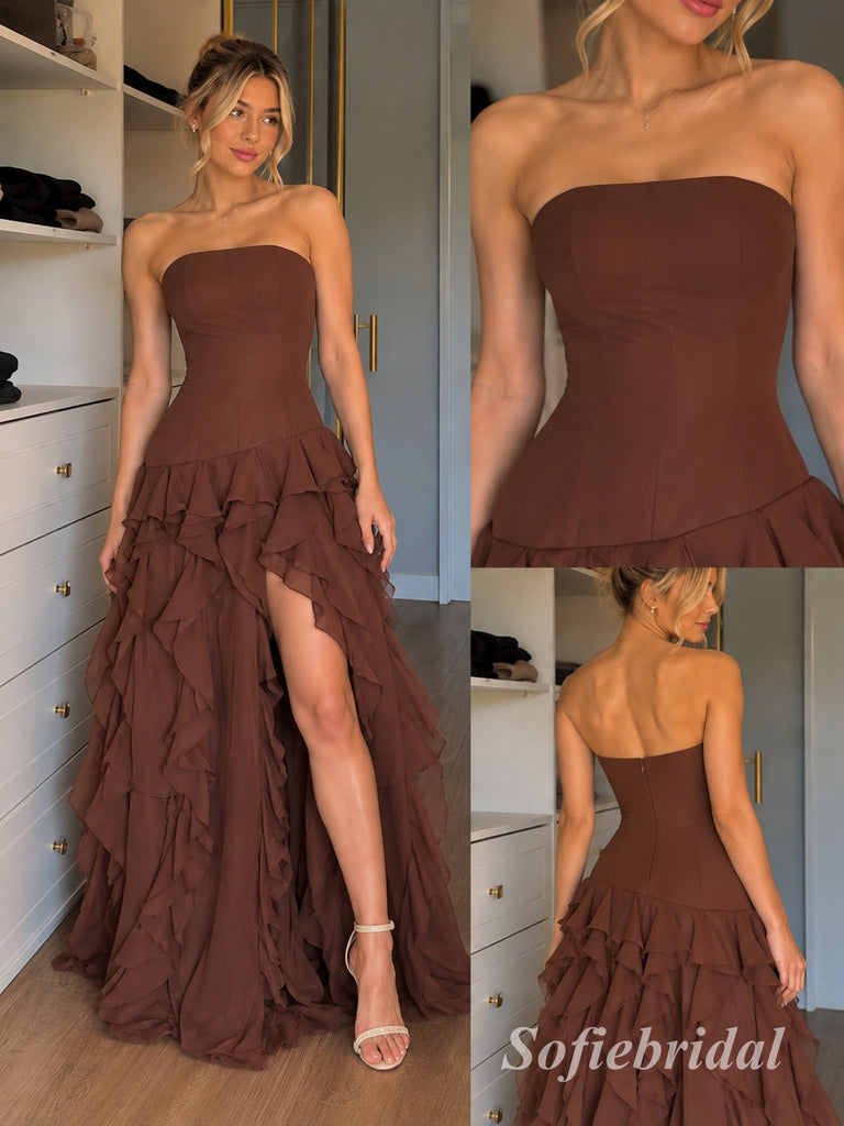 Chocolate Chiffon Strapless Tube Top A-Line Gown With Corset Bodice & High Slit Tiered Ruffle Skirt, PD13875