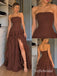 Chocolate Chiffon Strapless Tube Top A-Line Gown With Corset Bodice & High Slit Tiered Ruffle Skirt, PD13875