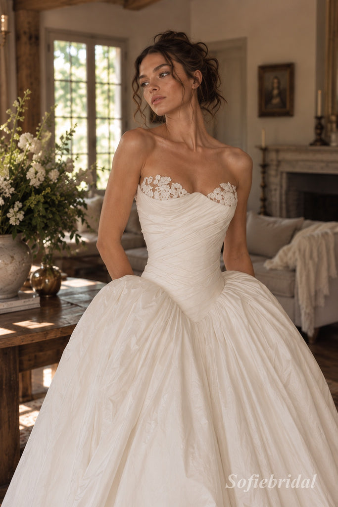 White Mikado Satin Strapless Sweetheart Lace Applique Ruched Bodice Ball Gown Floor Length Wedding Dress, SFWD0102