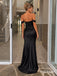 Black Satin Off The Shoulder Mermaid Gown With Draped Cowl Bodice & Slim Floor Length Skirt, PD13883