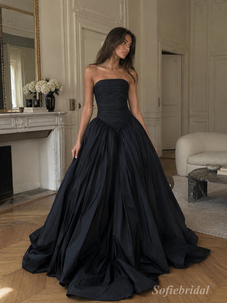 Black Matte Stretch Crepe Strapless Ruched Bodice Ball Gown Floor Length Evening Dress,PD13851