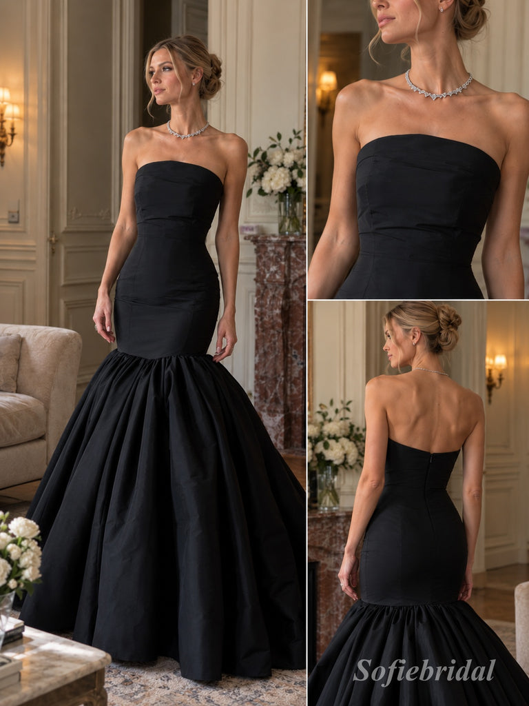 Black Satin Strapless Sculpted Bodice Voluminous Flared Mermaid Skirt Floor Length Evening Gown,PD13849
