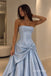 Light Blue Strapless Bow Satin A-Line Dress, Tube Top Floor Length Formal Gown,PD13909