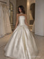White Jacquard Satin Strapless Square Neck Structured Bodice Ball Gown Floor Length Wedding Dress, SFWD0104