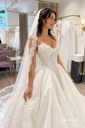 White Lace Organza Sweetheart Corset Bodice Ball Gown Wedding Dress With Chapel Train,SFWD0111