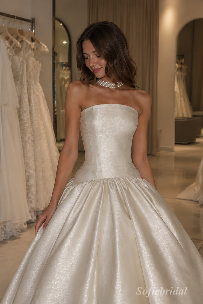 White Jacquard Satin Strapless Square Neck Structured Bodice Ball Gown Floor Length Wedding Dress, SFWD0104