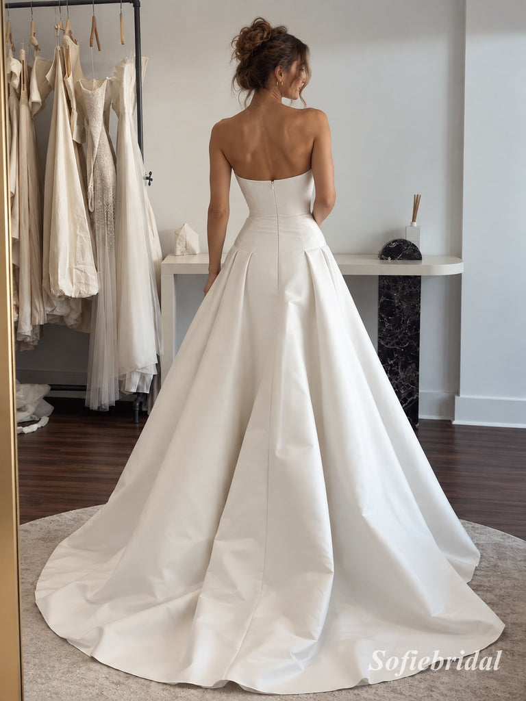 White Heavy Satin Strapless Ruched Bodice Ball Gown Wedding Dress With Dramatic Bow & Sweep Train,SFWD0115