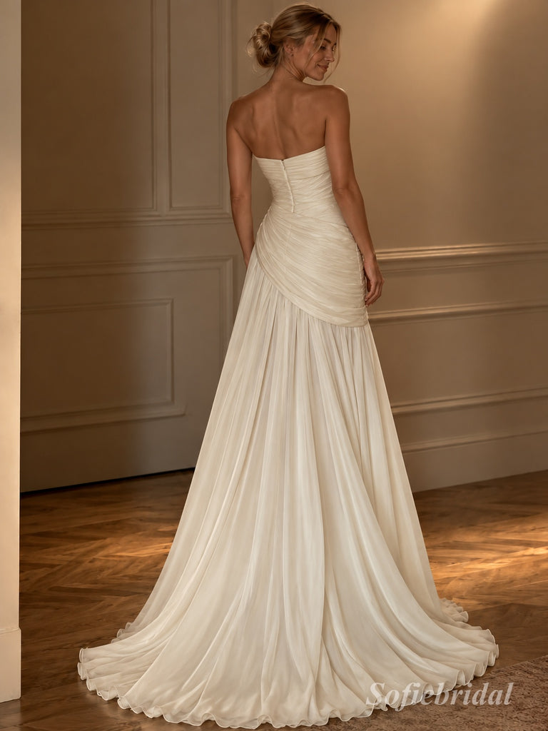 White Chiffon Strapless Tube Neck Draped Ruched Bodice Flowy A-Line Floor Length Wedding Dress, SFWD0101