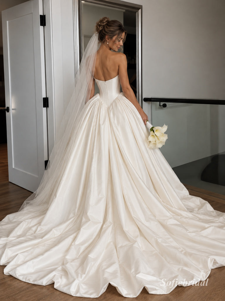 White Heavy Satin Sweetheart Corset Ball Gown Wedding Dress With Voluminous Skirt & Sweep Train,SFWD0112