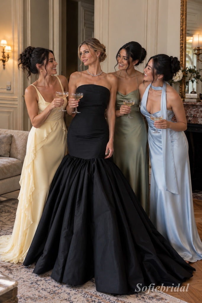 Black Satin Strapless Sculpted Bodice Voluminous Flared Mermaid Skirt Floor Length Evening Gown,PD13849