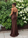Chocolate Satin Spaghetti Strap Mermaid Gown With Lace Low Back Bodice & Flowing Floor Skirt, PD13880