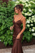 Chocolate Satin Spaghetti Strap Mermaid Gown With Lace Low Back Bodice & Flowing Floor Skirt, PD13880