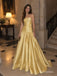 Golden Yellow Satin Strapless Belted Drop Waist A-Line Floor Length Evening Dress,PD13846