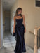 Navy Satin Strapless Draped Bodice Mermaid Gown With Choker Tulle Sash, PD13868