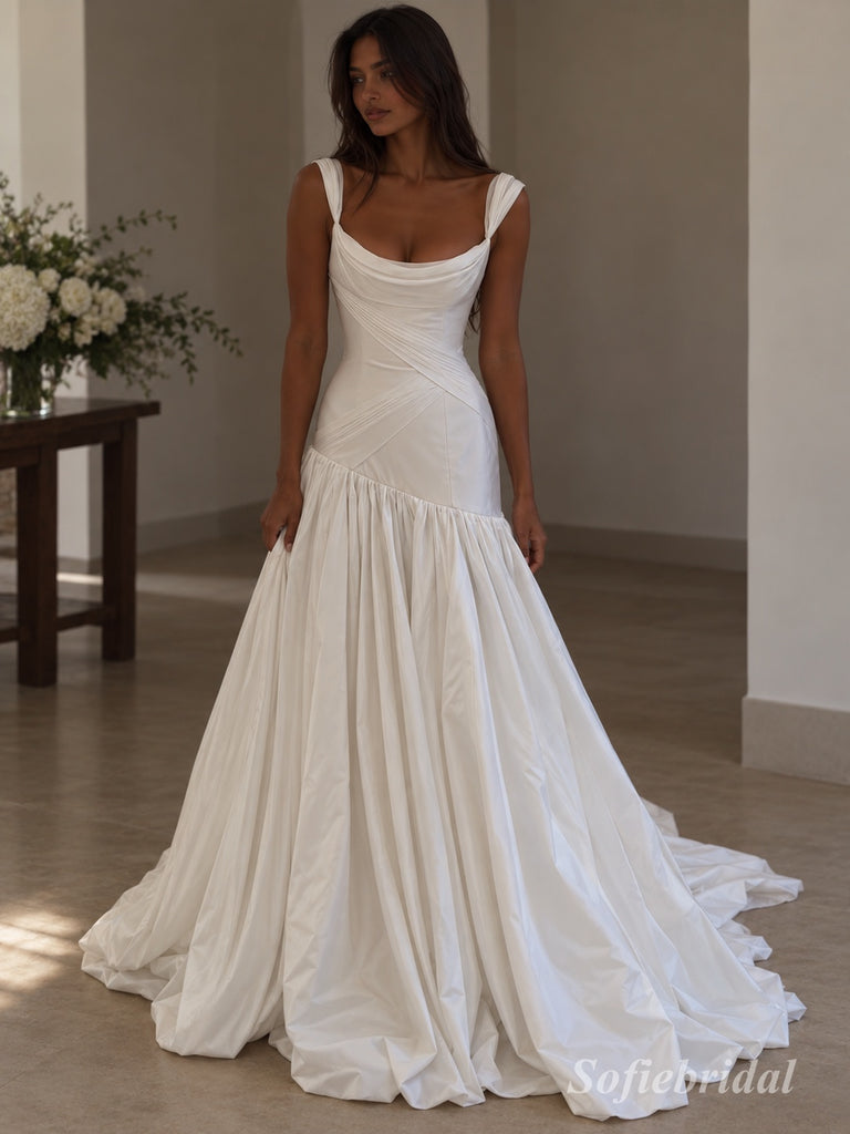 White Mikado Satin Thick Strap Cowl Neck Draped Corset Bodice Flowy A-Line Skirt Floor Length Wedding Dress, SFWD0099