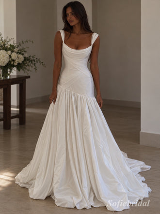 White Mikado Satin Thick Strap Cowl Neck Draped Corset Bodice Flowy A-Line Skirt Floor Length Wedding Dress, SFWD0099