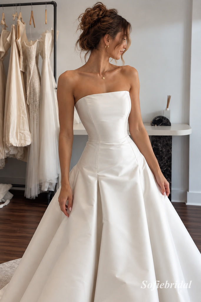 White Heavy Satin Strapless Ruched Bodice Ball Gown Wedding Dress With Dramatic Bow & Sweep Train,SFWD0115
