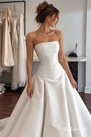 White Heavy Satin Strapless Ruched Bodice Ball Gown Wedding Dress With Dramatic Bow & Sweep Train,SFWD0115