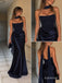 Navy Satin Strapless Draped Bodice Mermaid Gown With Choker Tulle Sash, PD13868