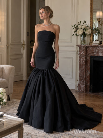 Black Satin Strapless Sculpted Bodice Voluminous Flared Mermaid Skirt Floor Length Evening Gown,PD13849