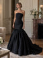 Black Satin Strapless Sculpted Bodice Voluminous Flared Mermaid Skirt Floor Length Evening Gown,PD13849
