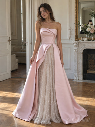 Blush Pink Satin Strapless Wrap Bodice A-Line Gown With Tulle Polka Dot Underlayer, PD13867