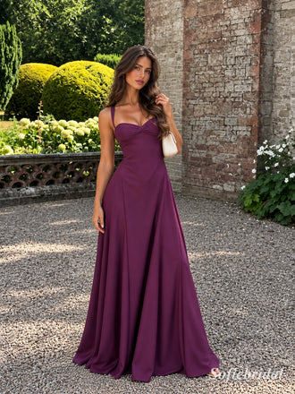 Plum Chiffon Wide Strap Sweetheart A-Line Gown With Twisted Ruched Bodice & Flowy Full Skirt, PD13882