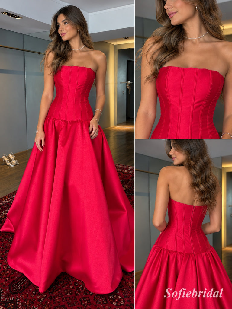 Red Satin Strapless Tube Top Ball Gown With Boned Corset Bodice & Voluminous Flared Skirt, PD13877
