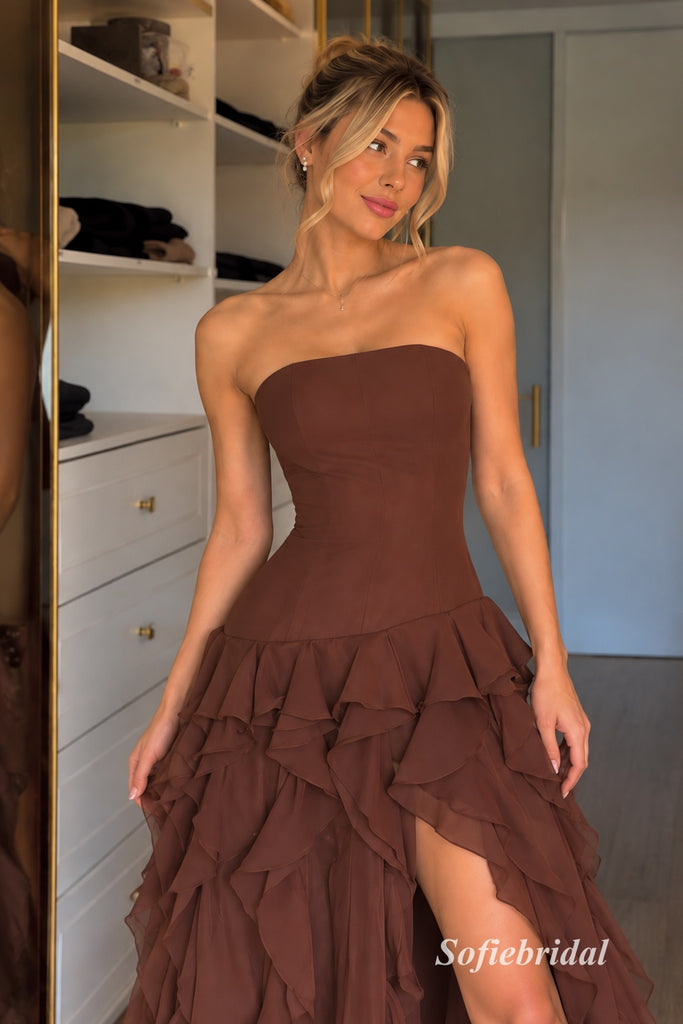 Chocolate Chiffon Strapless Tube Top A-Line Gown With Corset Bodice & High Slit Tiered Ruffle Skirt, PD13875