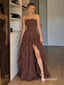 Chocolate Chiffon Strapless Tube Top A-Line Gown With Corset Bodice & High Slit Tiered Ruffle Skirt, PD13875